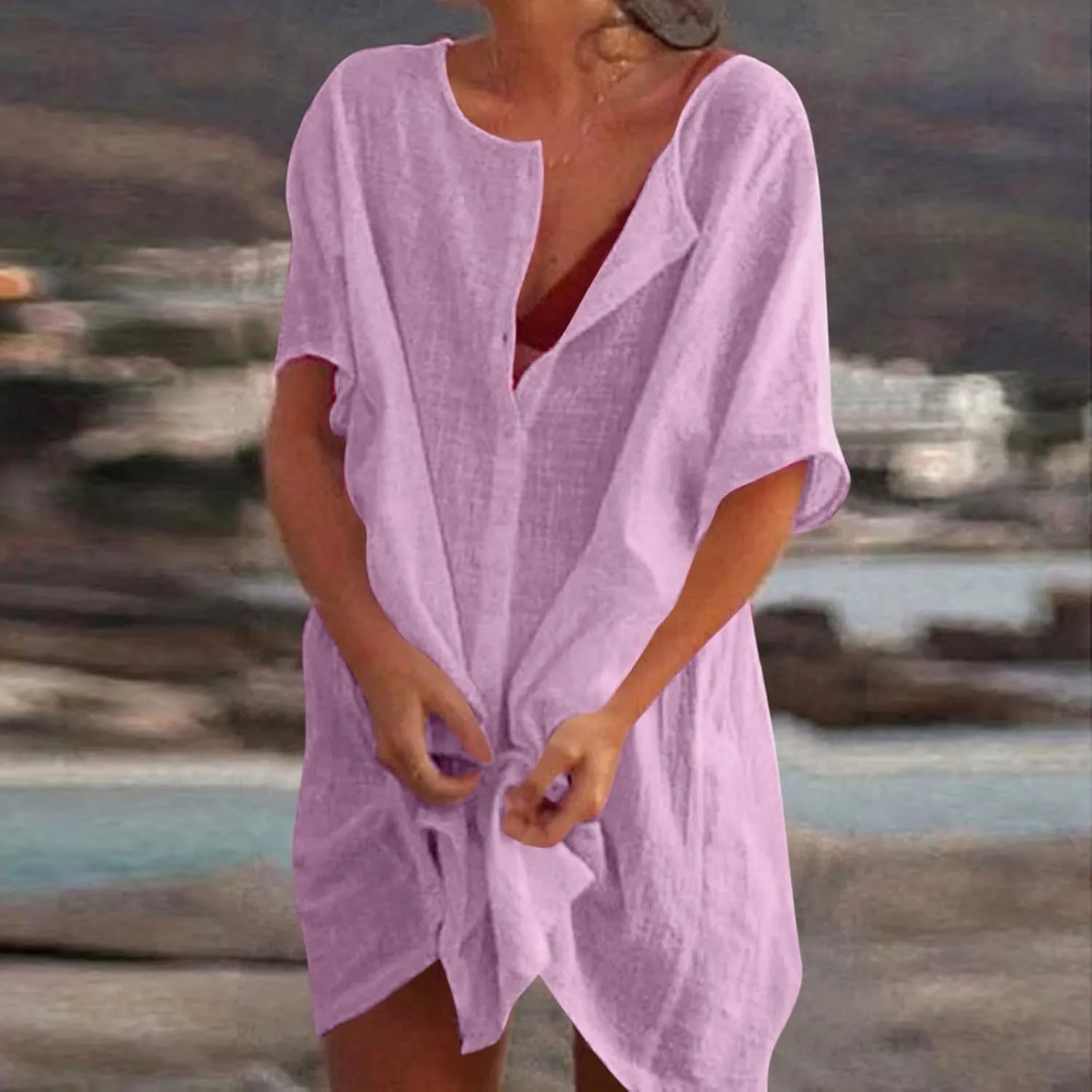Womens Short Sleeve Shirts 2025 Summer Vacation Beach Fashion Solid Linen Tops Casual Blouses Western Wear