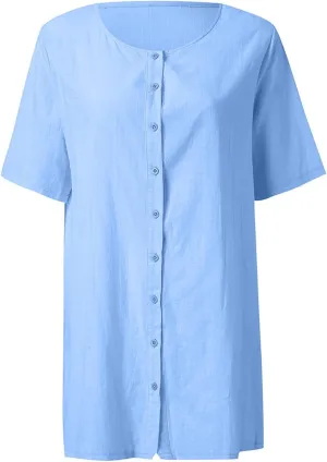 Womens Short Sleeve Shirts 2025 Summer Vacation Beach Fashion Solid Linen Tops Casual Blouses Western Wear