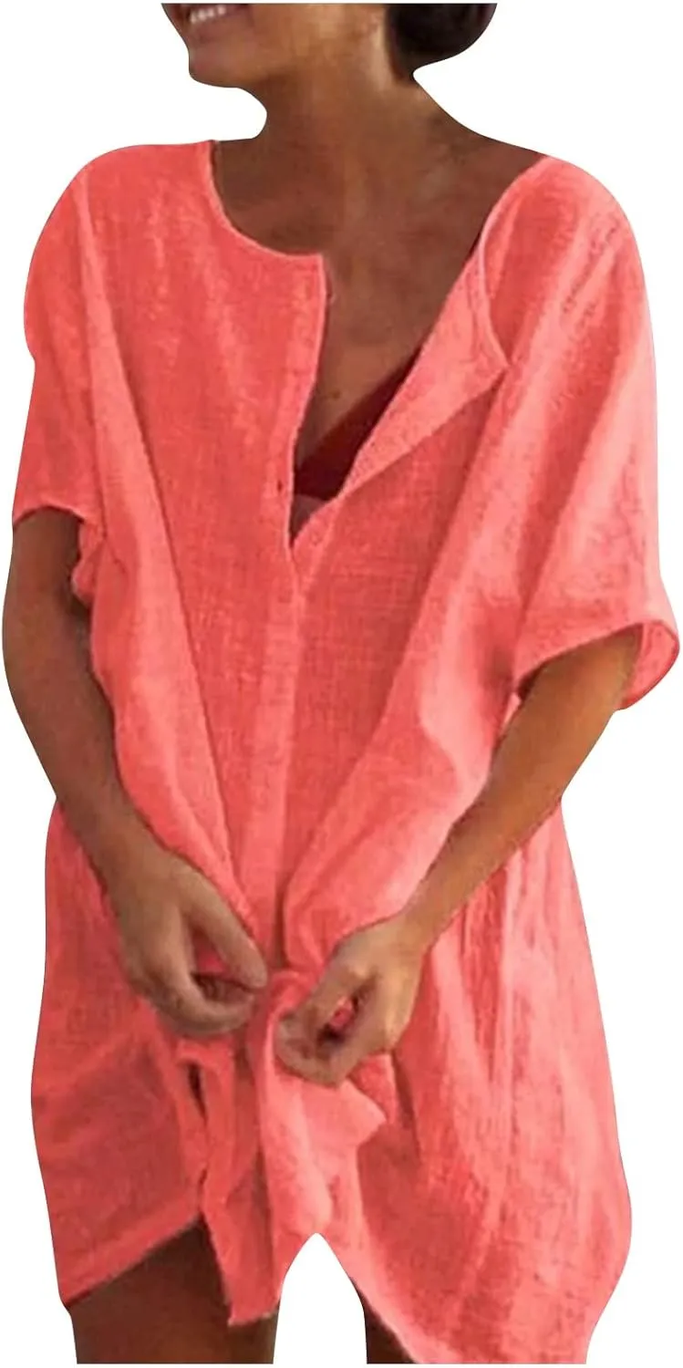 Womens Short Sleeve Shirts 2025 Summer Vacation Beach Fashion Solid Linen Tops Casual Blouses Western Wear