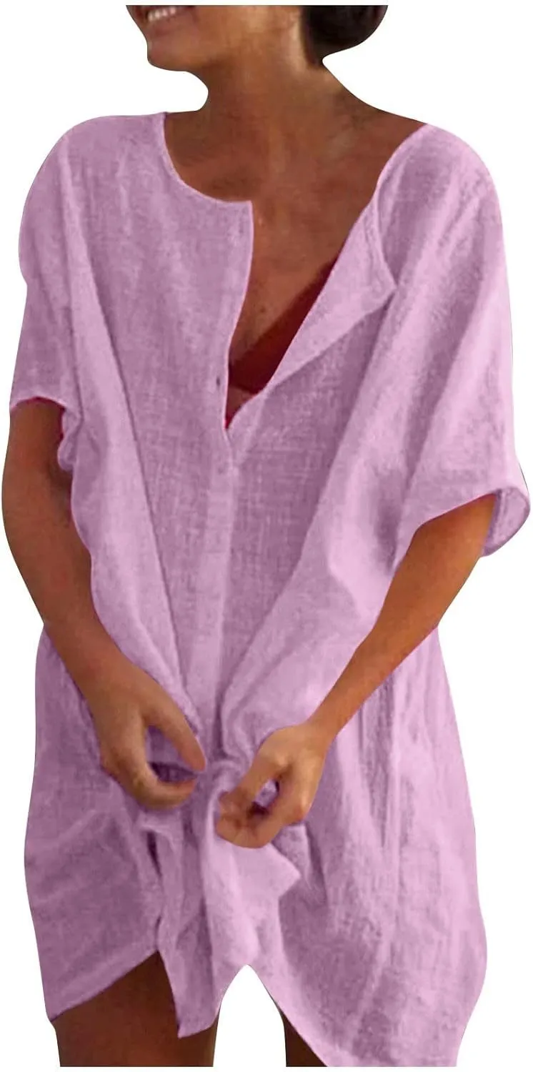 Womens Short Sleeve Shirts 2025 Summer Vacation Beach Fashion Solid Linen Tops Casual Blouses Western Wear