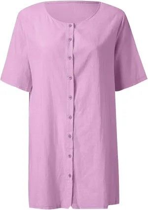 Womens Short Sleeve Shirts 2025 Summer Vacation Beach Fashion Solid Linen Tops Casual Blouses Western Wear