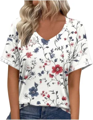 Women's Short Sleeve Shirts Boho Floral Graphic Print Tunic Blouses Loose Casual Trendy Tee Tops