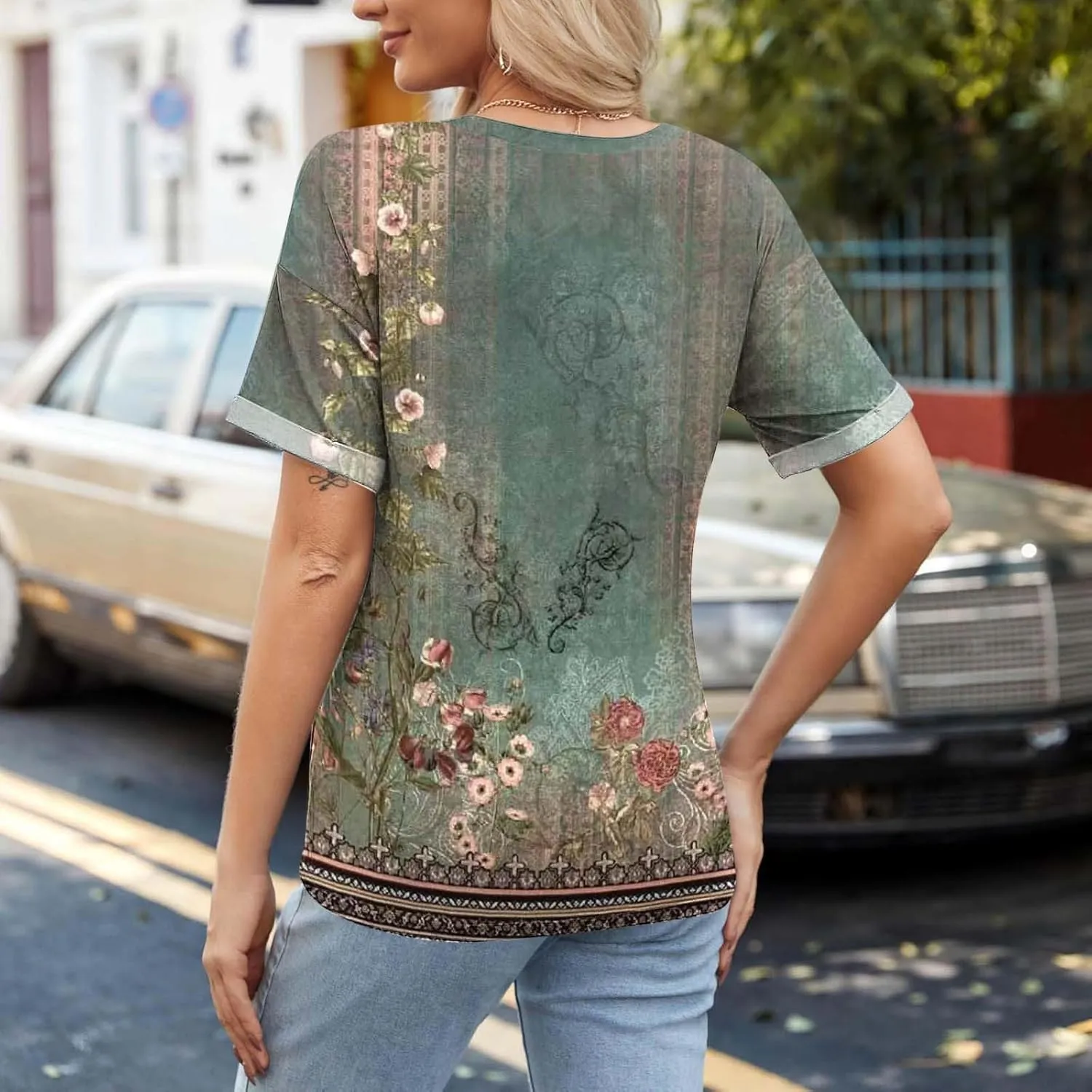 Women's Short Sleeve Shirts Boho Floral Graphic Print Tunic Blouses Loose Casual Trendy Tee Tops