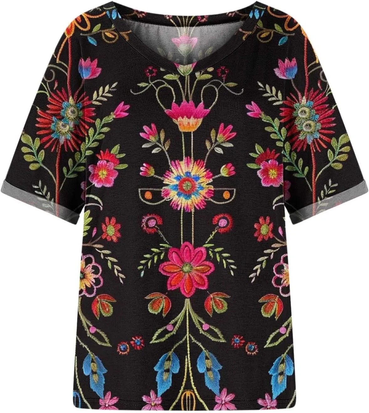 Women's Short Sleeve Shirts Boho Floral Graphic Print Tunic Blouses Loose Casual Trendy Tee Tops