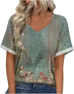 Women's Short Sleeve Shirts Boho Floral Graphic Print Tunic Blouses Loose Casual Trendy Tee Tops