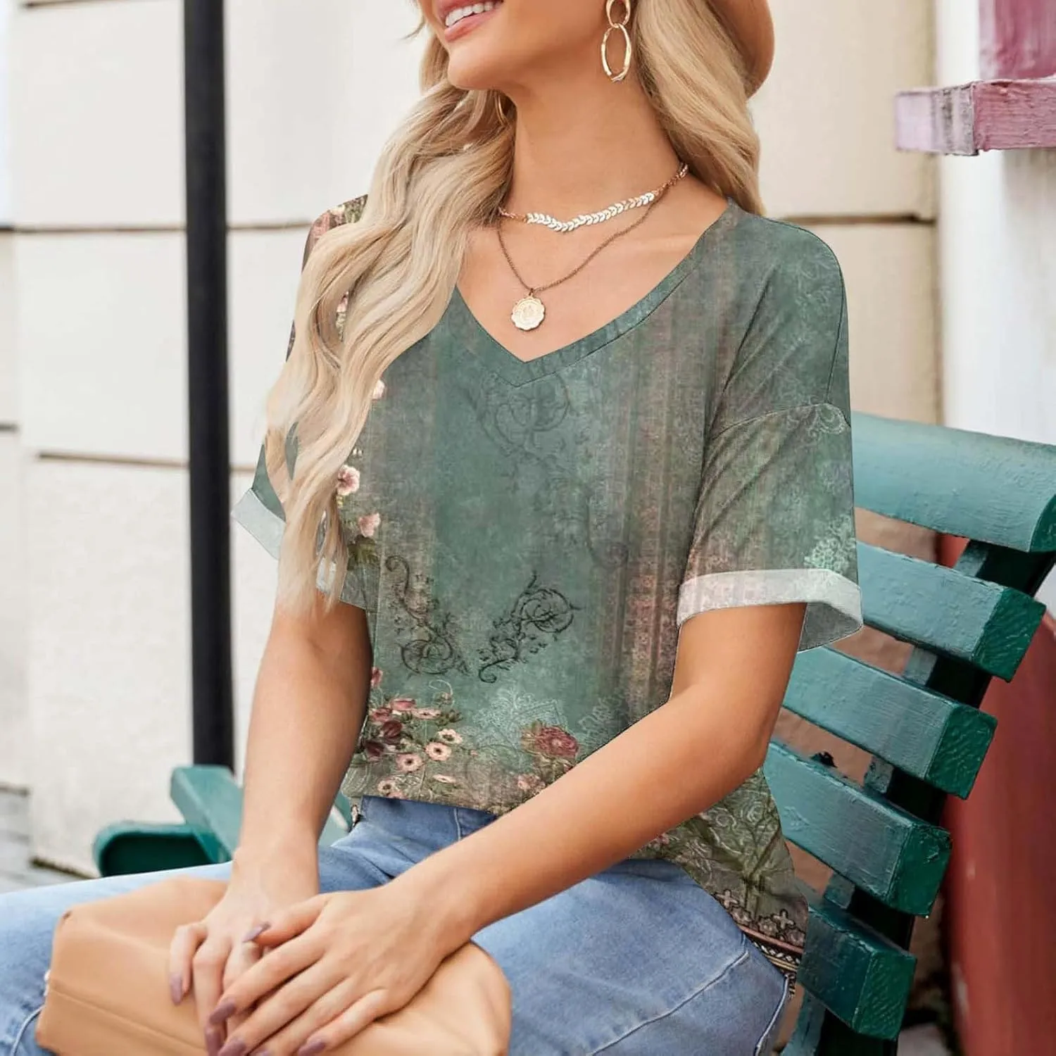 Women's Short Sleeve Shirts Boho Floral Graphic Print Tunic Blouses Loose Casual Trendy Tee Tops