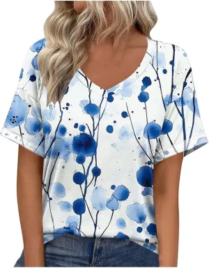 Women's Short Sleeve Shirts Boho Floral Graphic Print Tunic Blouses Loose Casual Trendy Tee Tops