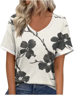 Women's Short Sleeve Shirts Boho Floral Graphic Print Tunic Blouses Loose Casual Trendy Tee Tops