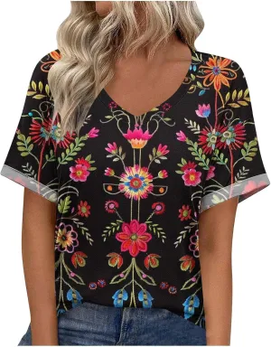 Women's Short Sleeve Shirts Boho Floral Graphic Print Tunic Blouses Loose Casual Trendy Tee Tops
