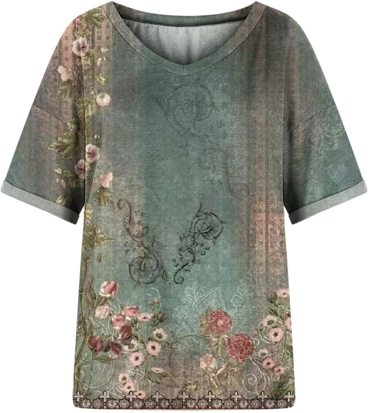 Women's Short Sleeve Shirts Boho Floral Graphic Print Tunic Blouses Loose Casual Trendy Tee Tops