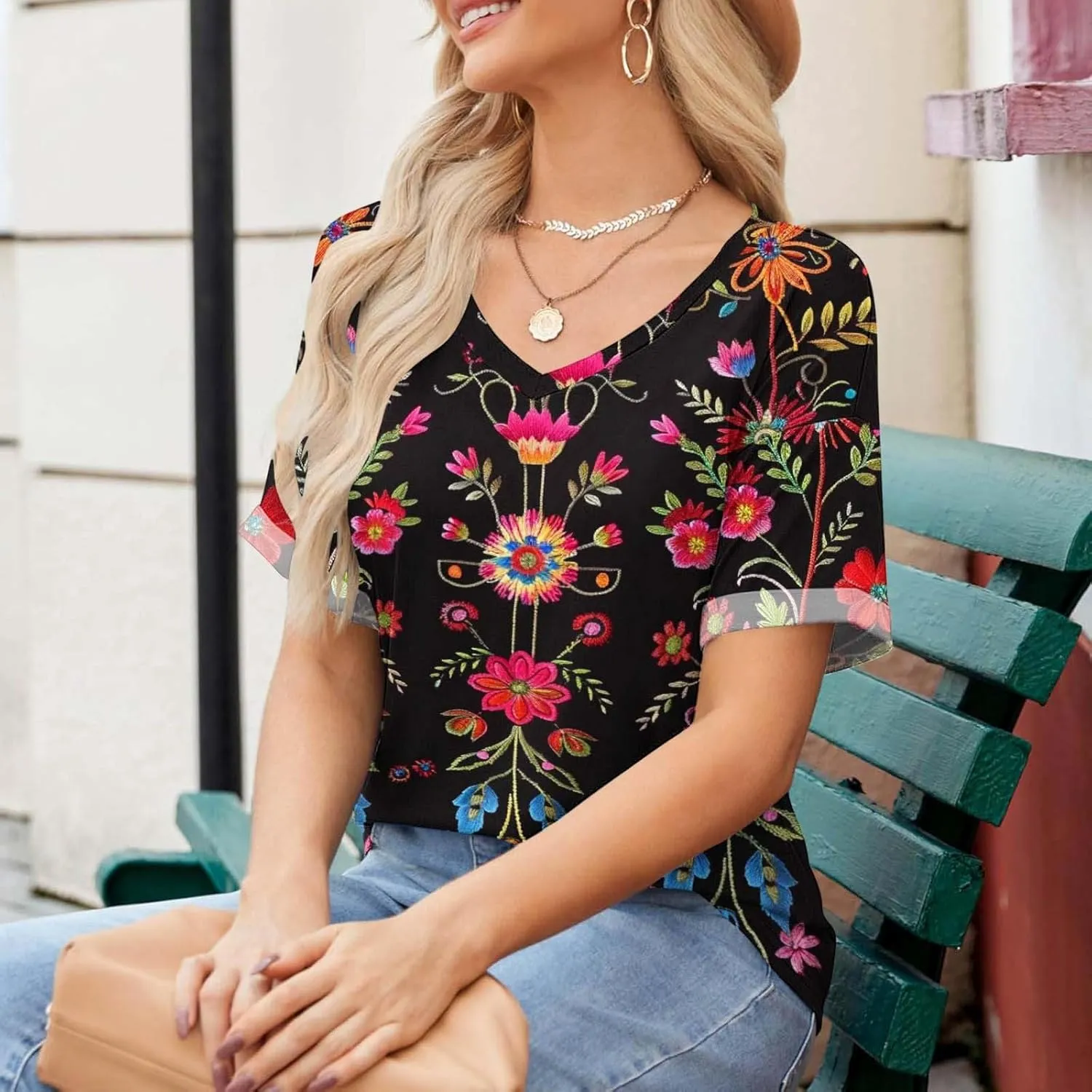 Women's Short Sleeve Shirts Boho Floral Graphic Print Tunic Blouses Loose Casual Trendy Tee Tops