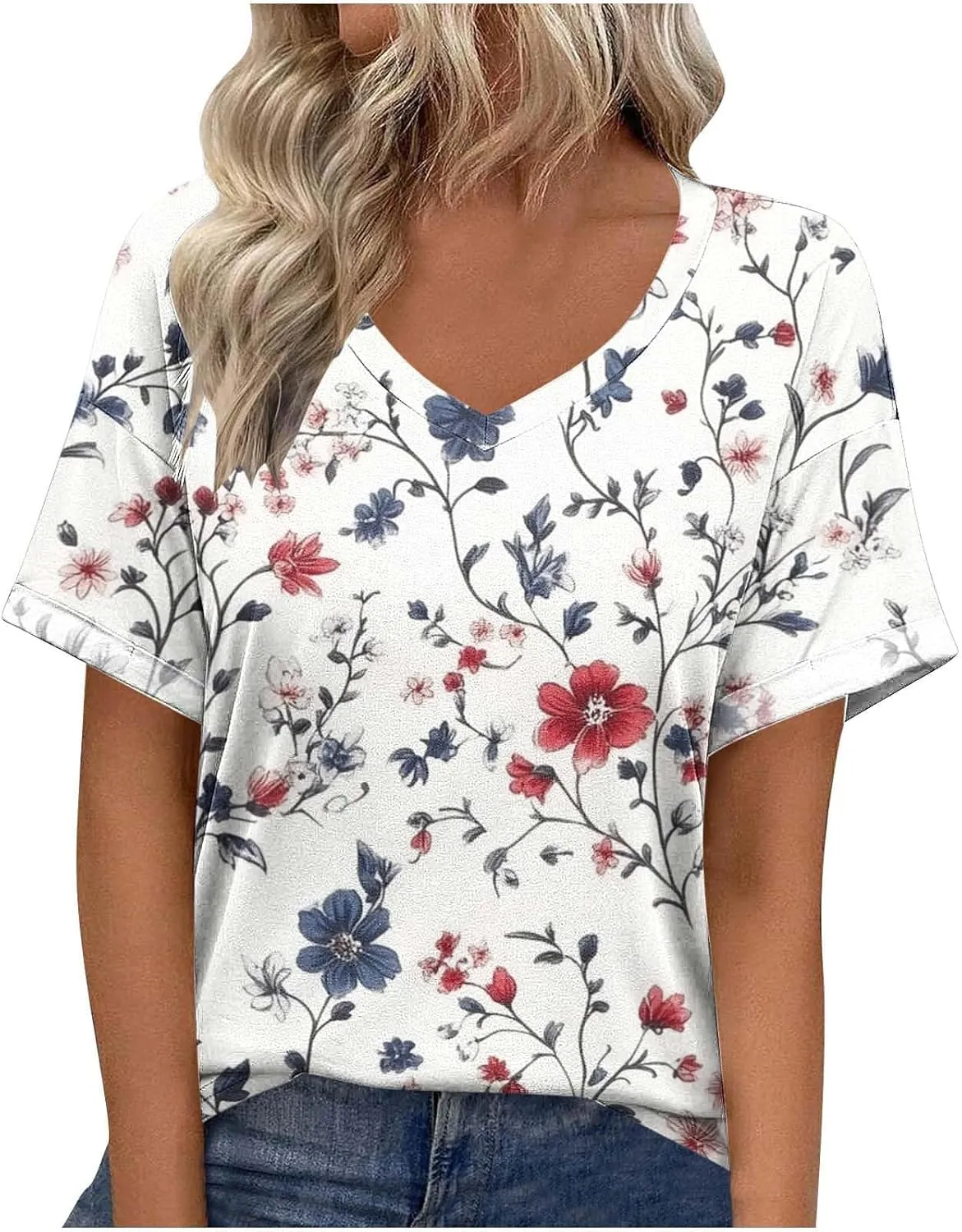 Women's Short Sleeve Shirts Boho Floral Graphic Print Tunic Blouses Loose Casual Trendy Tee Tops