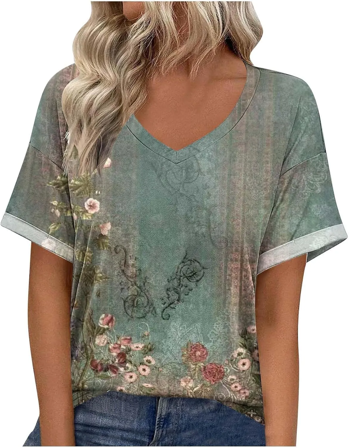 Women's Short Sleeve Shirts Boho Floral Graphic Print Tunic Blouses Loose Casual Trendy Tee Tops