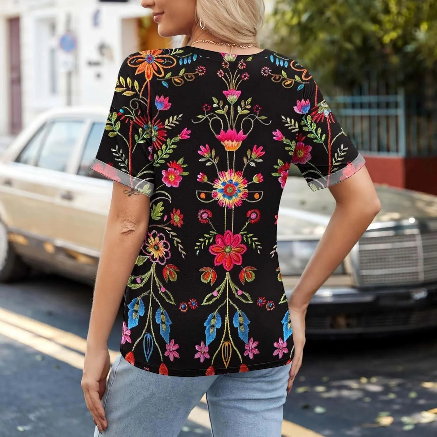 Women's Short Sleeve Shirts Boho Floral Graphic Print Tunic Blouses Loose Casual Trendy Tee Tops
