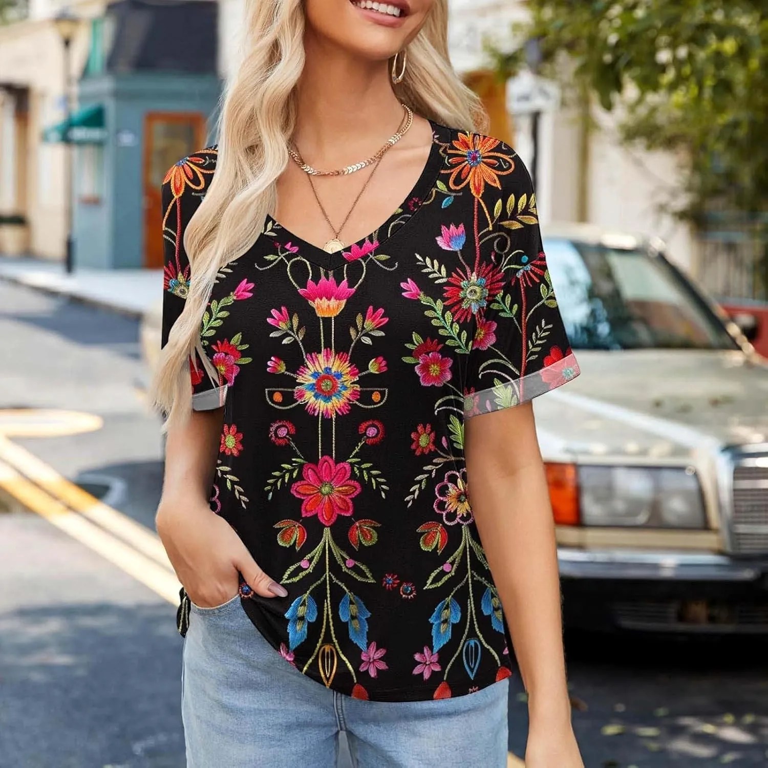Women's Short Sleeve Shirts Boho Floral Graphic Print Tunic Blouses Loose Casual Trendy Tee Tops
