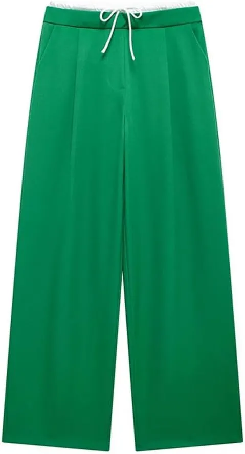 Women's Solid Lace Up Side Zipper Straight Pants Vintage High Elastic Waist Trousers
