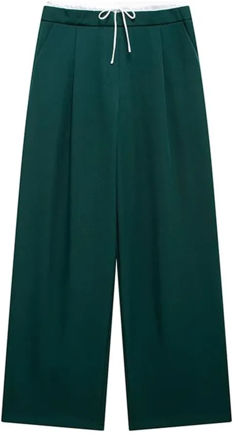 Women's Solid Lace Up Side Zipper Straight Pants Vintage High Elastic Waist Trousers