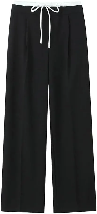 Women's Solid Lace Up Side Zipper Straight Pants Vintage High Elastic Waist Trousers