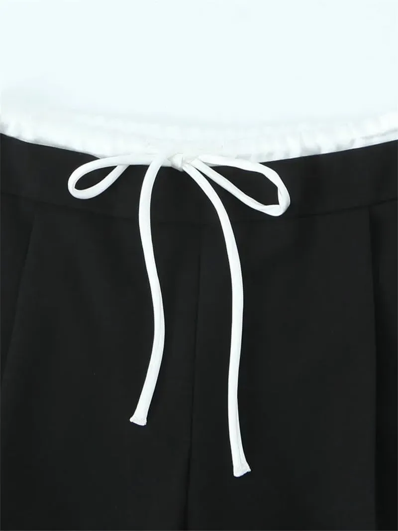 Women's Solid Lace Up Side Zipper Straight Pants Vintage High Elastic Waist Trousers