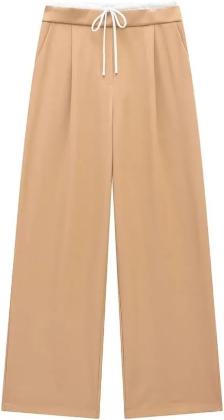 Women's Solid Lace Up Side Zipper Straight Pants Vintage High Elastic Waist Trousers