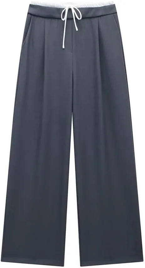 Women's Solid Lace Up Side Zipper Straight Pants Vintage High Elastic Waist Trousers