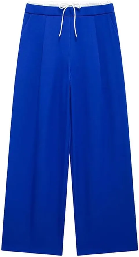 Women's Solid Lace Up Side Zipper Straight Pants Vintage High Elastic Waist Trousers
