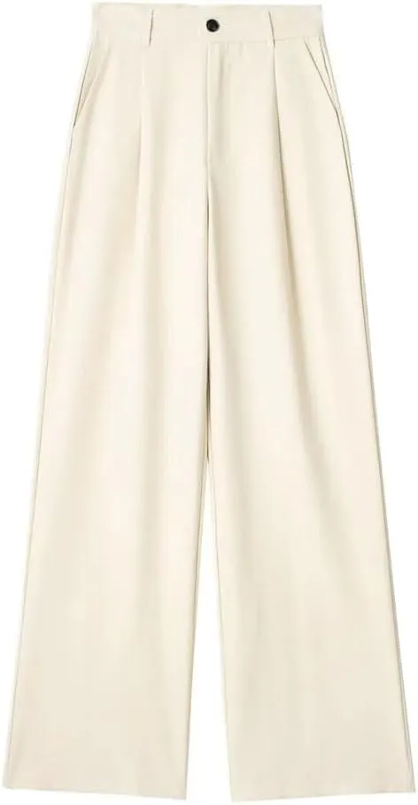 Women's Solid Pleated Front Zipper Wide Leg Pants Vintage High Waist Trousers