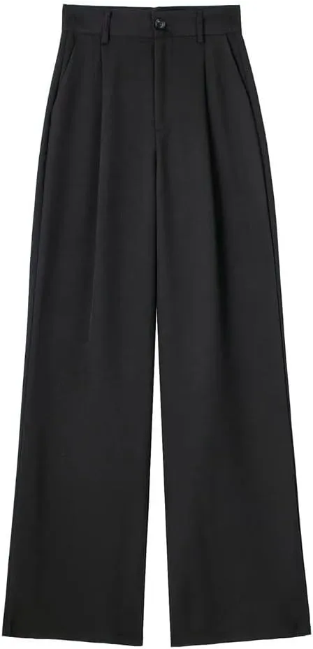 Women's Solid Pleated Front Zipper Wide Leg Pants Vintage High Waist Trousers
