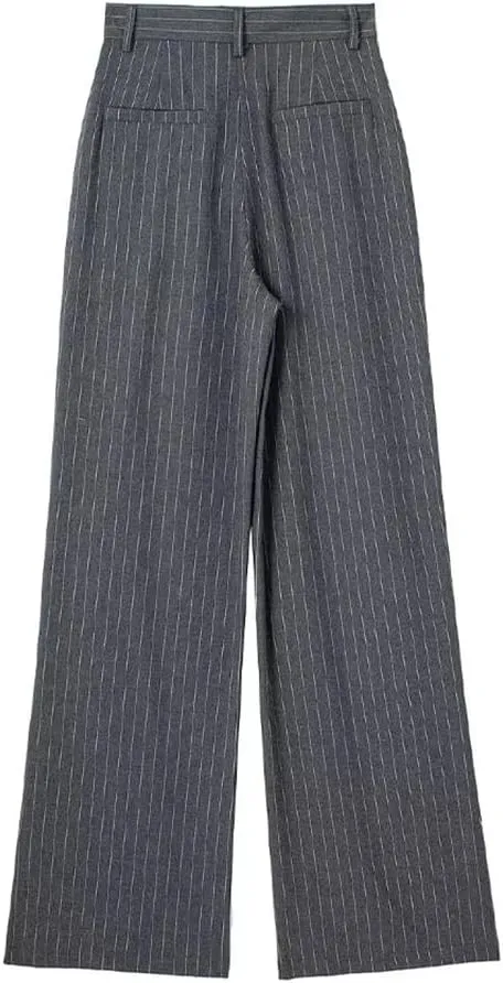 Women's Solid Pleated Front Zipper Wide Leg Pants Vintage High Waist Trousers