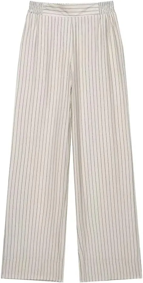 Women's Striped Pleated Straight Pants Vintage High Elastic Waist Full Length Trousers