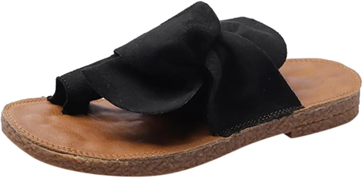 Womens Summer Beach Sandals Flat Slides Comfortable Slip On Leather Open Toe Dressy Memory Foam Adjustable Buckle Support