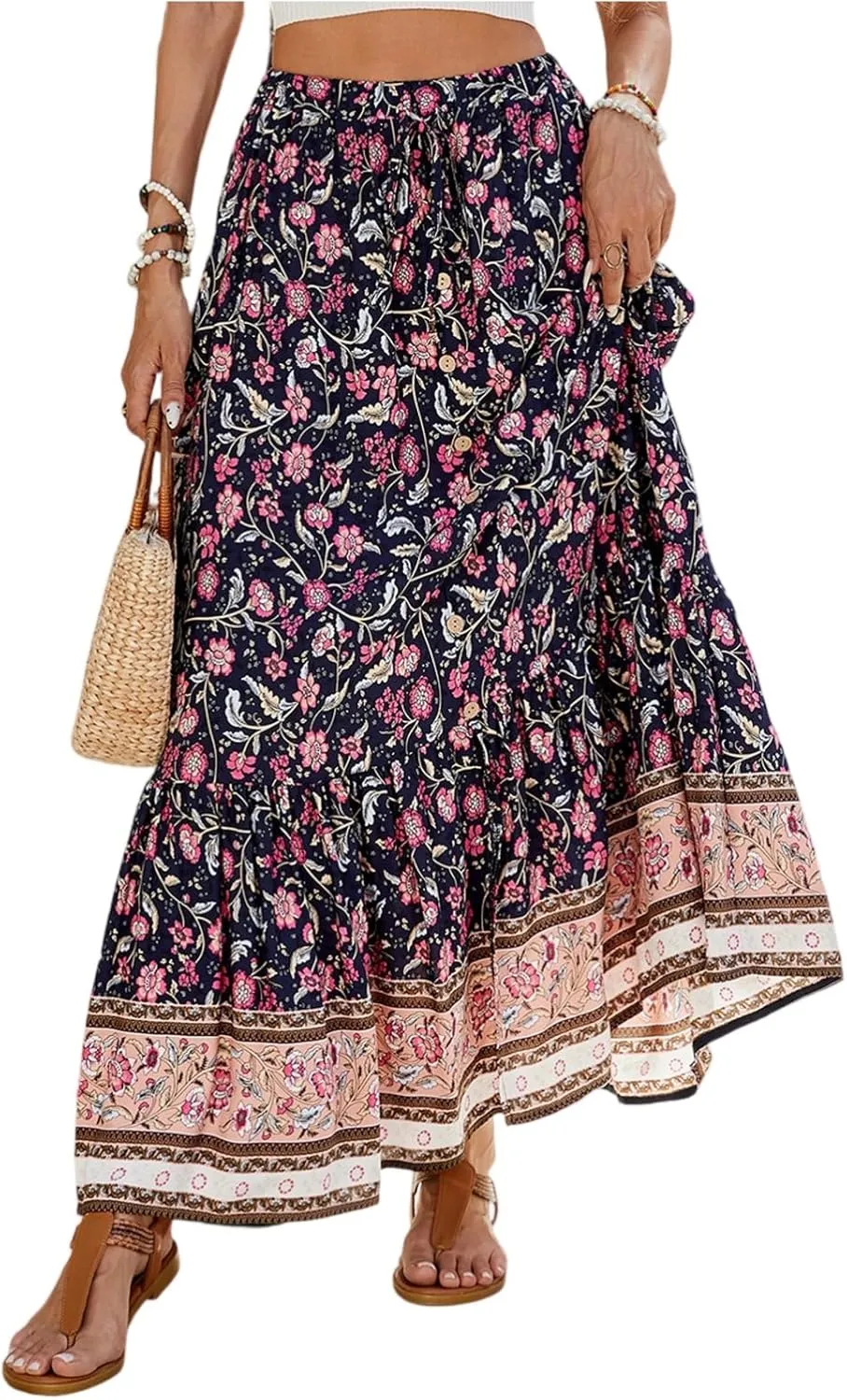 Women's Summer Dresses 2025 Boho Long Flowy Floral Elastic High Waist Line Pleated Beach Skirt Casual Dresses, S-XL