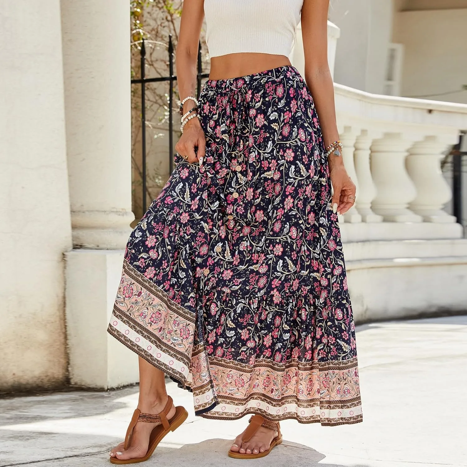 Women's Summer Dresses 2025 Boho Long Flowy Floral Elastic High Waist Line Pleated Beach Skirt Casual Dresses, S-XL