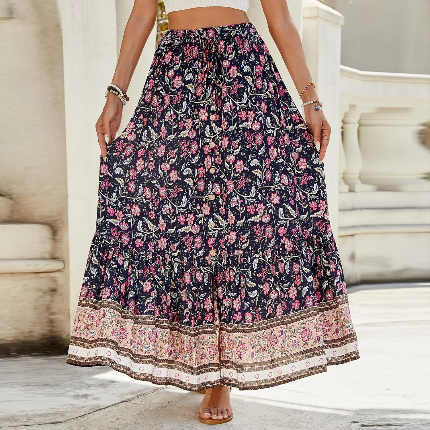 Women's Summer Dresses 2025 Boho Long Flowy Floral Elastic High Waist Line Pleated Beach Skirt Casual Dresses, S-XL