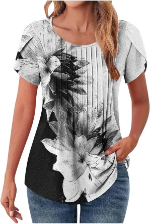 Womens Summer Tops 2025 Dressy Casual Petal Short Sleeve Shirts Crewneck Trendy Tunic Blouses Cute Tees