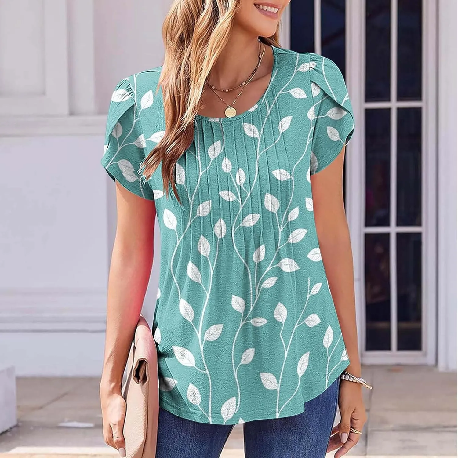 Womens Summer Tops 2025 Dressy Casual Petal Short Sleeve Shirts Crewneck Trendy Tunic Blouses Cute Tees