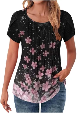 Womens Summer Tops 2025 Dressy Casual Petal Short Sleeve Shirts Crewneck Trendy Tunic Blouses Cute Tees