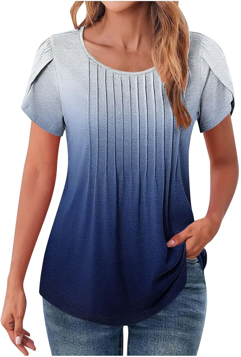 Womens Summer Tops 2025 Dressy Casual Petal Short Sleeve Shirts Crewneck Trendy Tunic Blouses Cute Tees