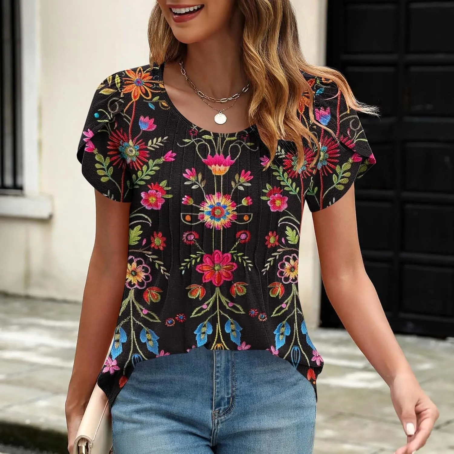 Womens Summer Tops 2025 Dressy Casual Petal Short Sleeve Shirts Crewneck Trendy Tunic Blouses Cute Tees