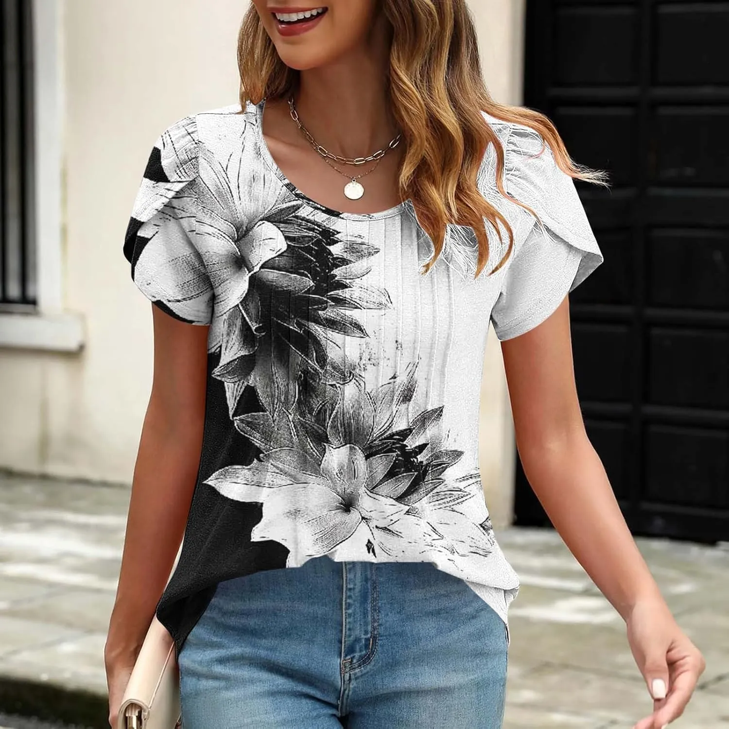 Womens Summer Tops 2025 Dressy Casual Petal Short Sleeve Shirts Crewneck Trendy Tunic Blouses Cute Tees