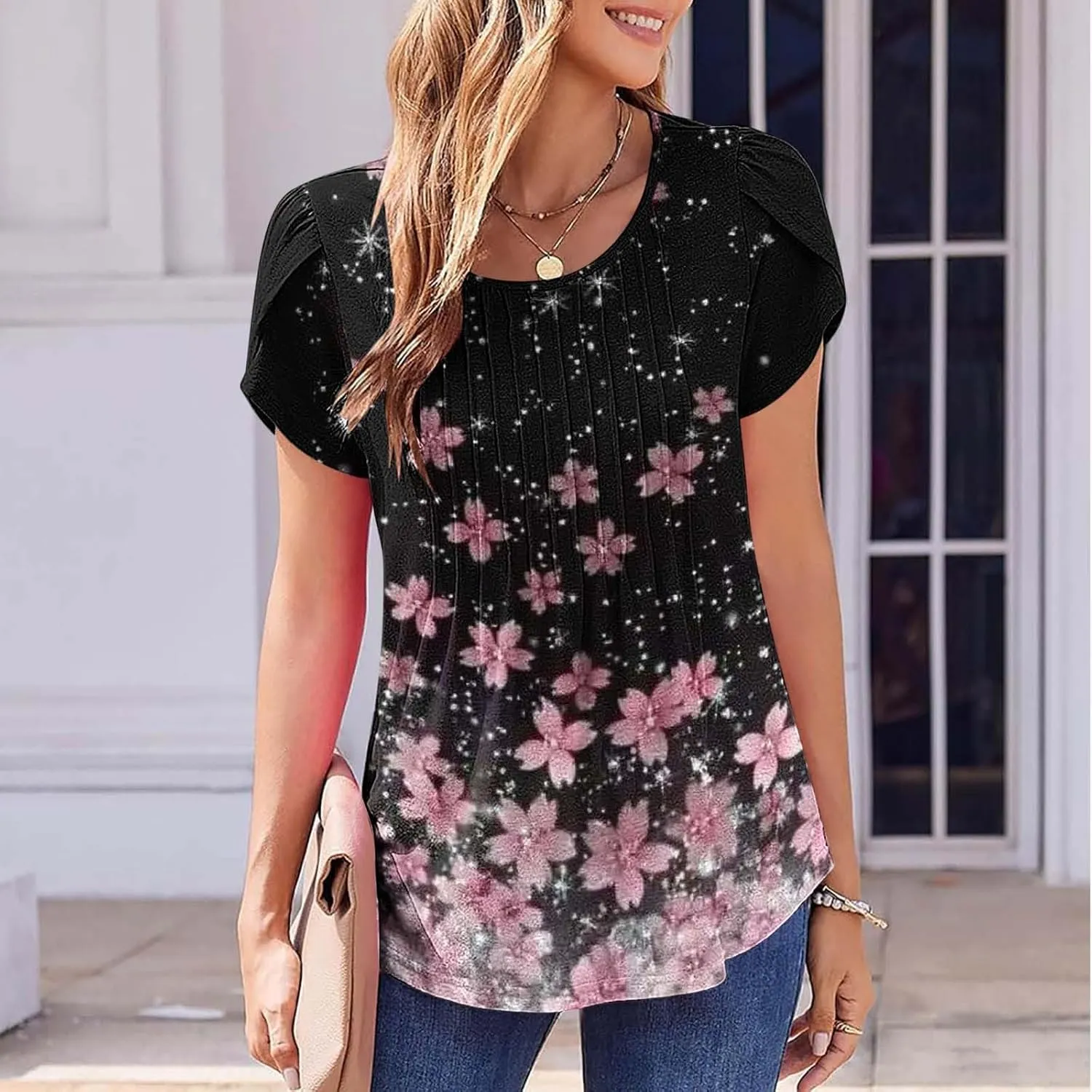 Womens Summer Tops 2025 Dressy Casual Petal Short Sleeve Shirts Crewneck Trendy Tunic Blouses Cute Tees