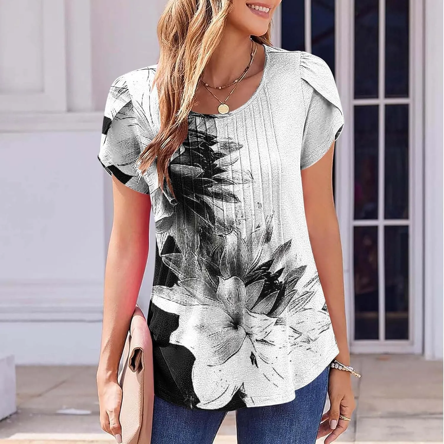 Womens Summer Tops 2025 Dressy Casual Petal Short Sleeve Shirts Crewneck Trendy Tunic Blouses Cute Tees