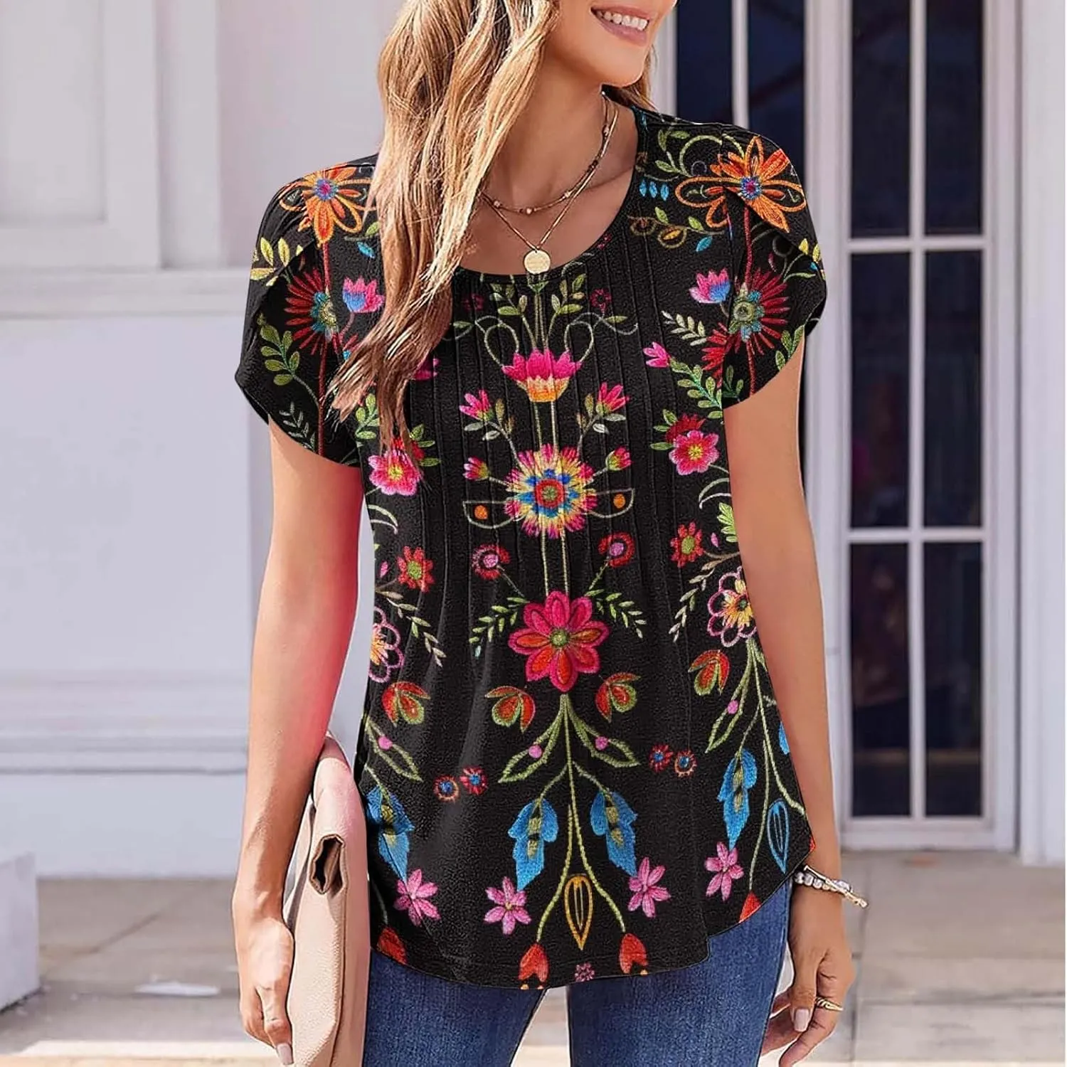 Womens Summer Tops 2025 Dressy Casual Petal Short Sleeve Shirts Crewneck Trendy Tunic Blouses Cute Tees