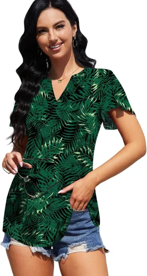 Womens Summer Tops Casual V Neck Ruffle Short Sleeve Shirts Tunic Business Work Blouses for Women