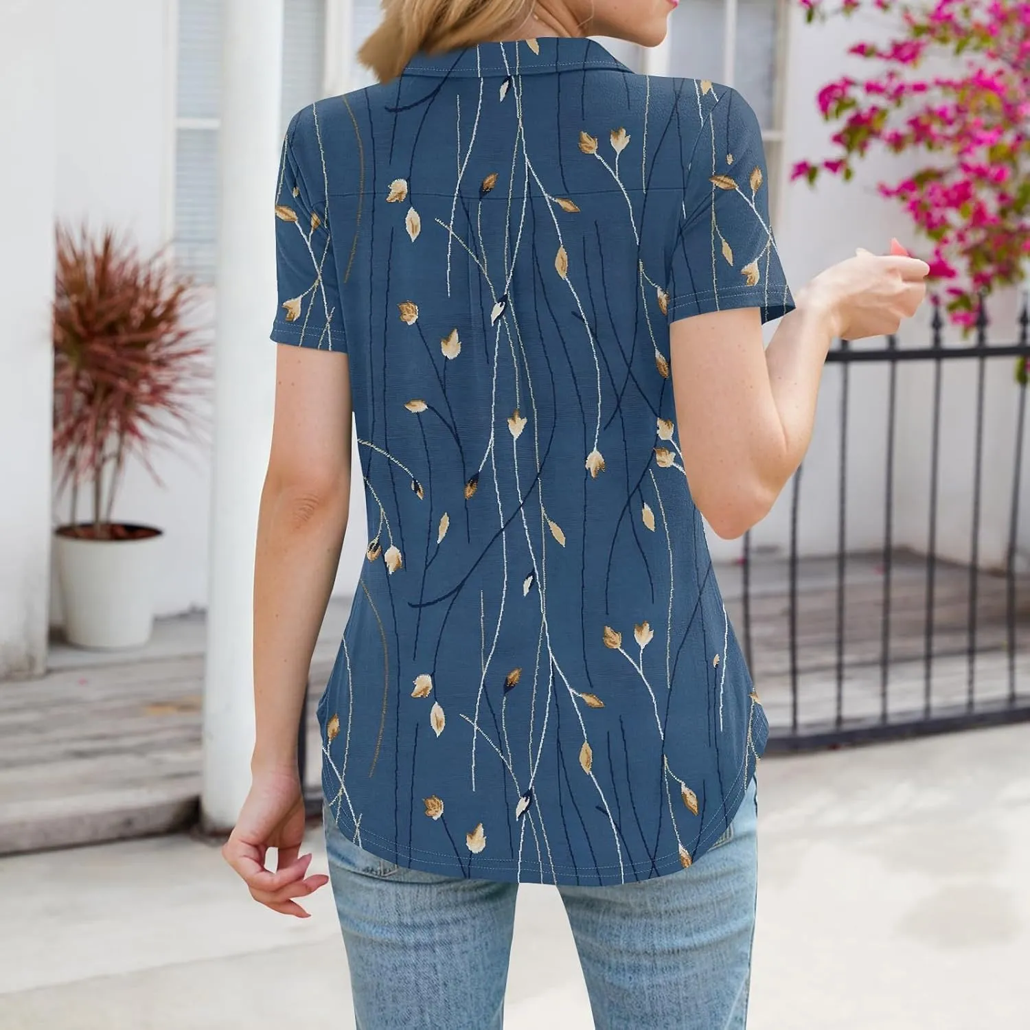 Womens Summer Tops Collared Work Golf Polo Shirt Pocket V Neck Short Sleeve Shirts Dressy Casual Floral Blouses