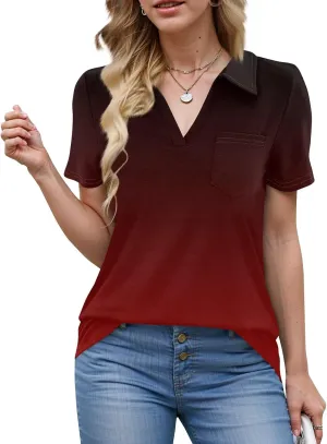 Womens Summer Tops Collared Work Golf Polo Shirt Pocket V Neck Short Sleeve Shirts Dressy Casual Floral Blouses