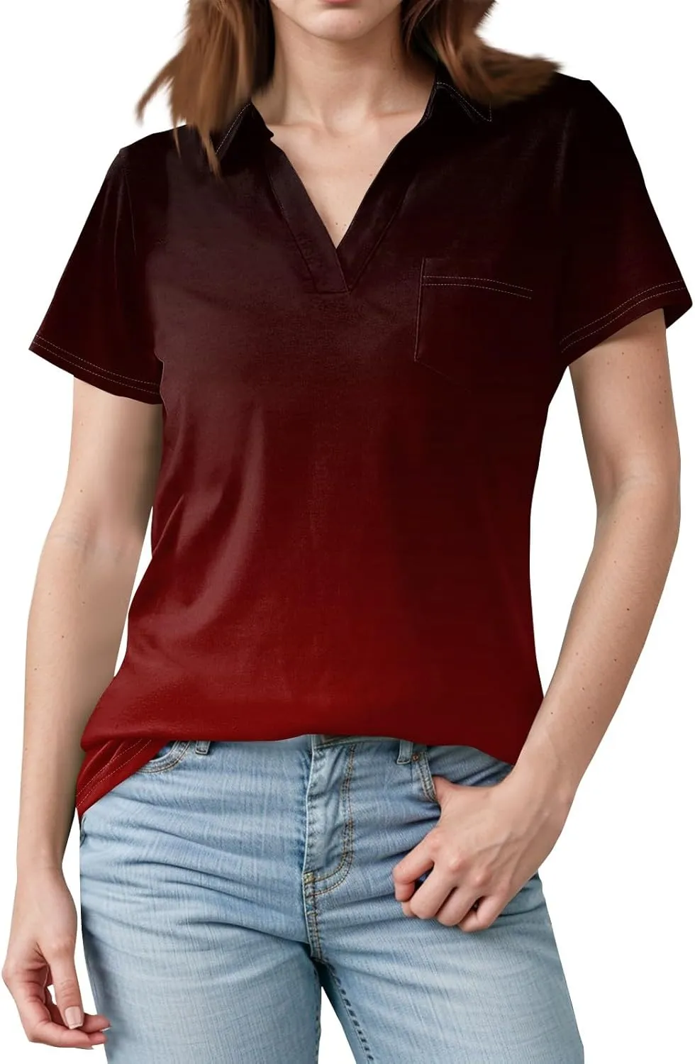 Womens Summer Tops Collared Work Golf Polo Shirt Pocket V Neck Short Sleeve Shirts Dressy Casual Floral Blouses