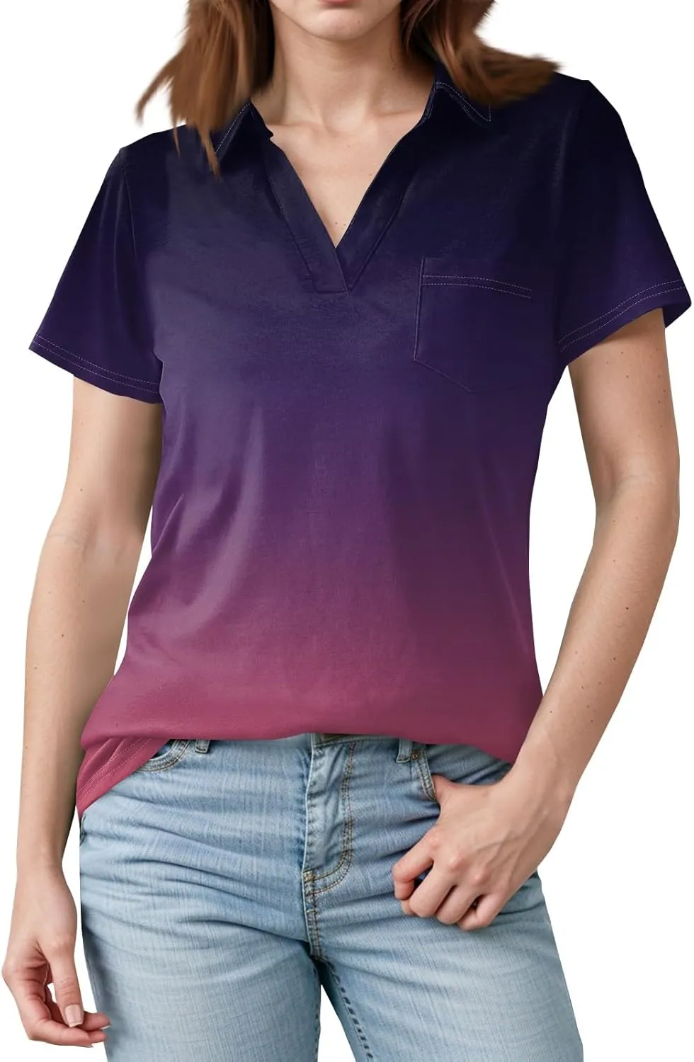 Womens Summer Tops Collared Work Golf Polo Shirt Pocket V Neck Short Sleeve Shirts Dressy Casual Floral Blouses