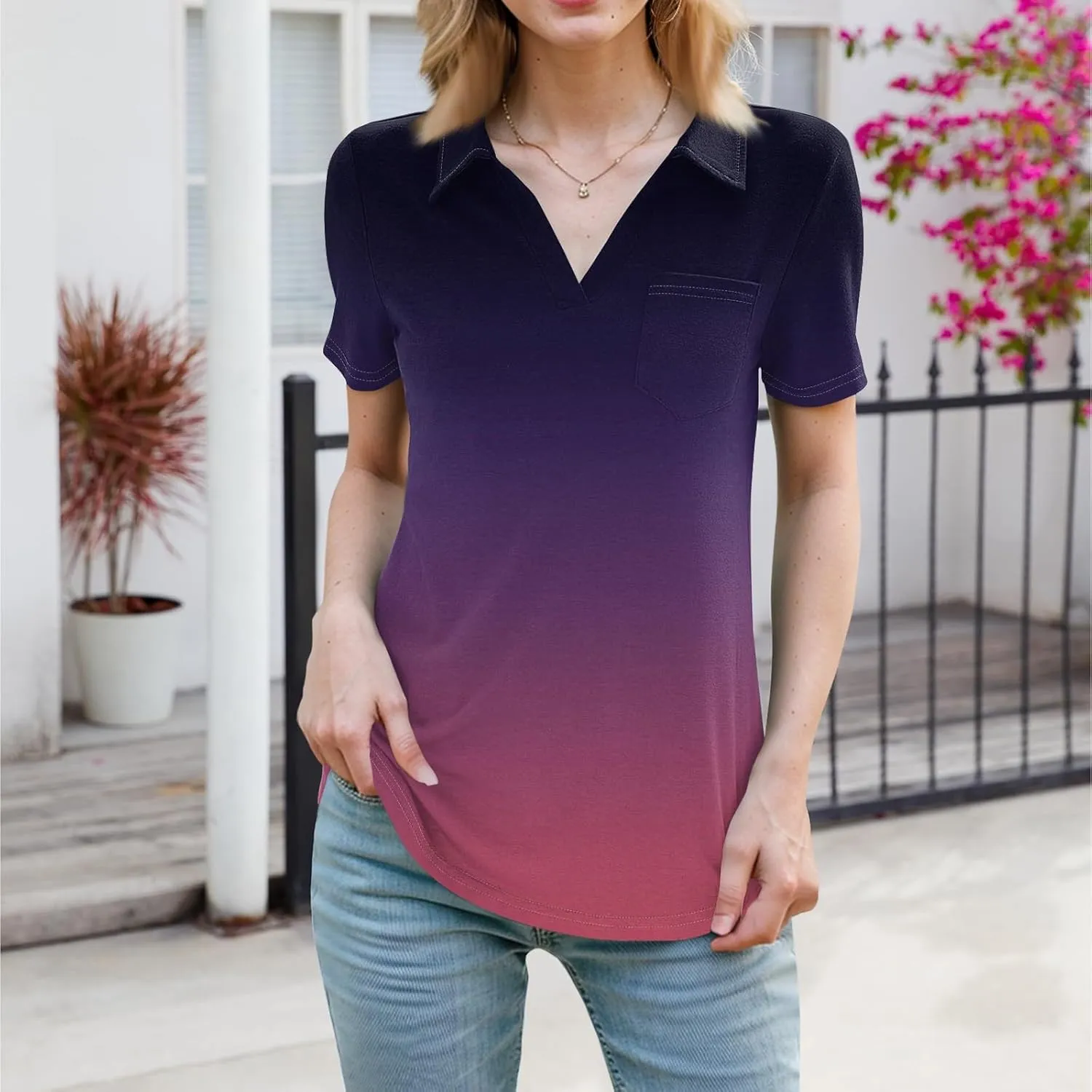 Womens Summer Tops Collared Work Golf Polo Shirt Pocket V Neck Short Sleeve Shirts Dressy Casual Floral Blouses