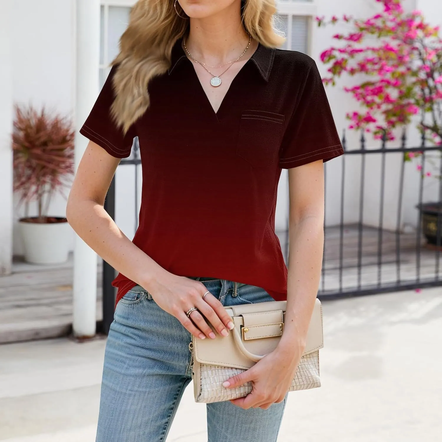Womens Summer Tops Collared Work Golf Polo Shirt Pocket V Neck Short Sleeve Shirts Dressy Casual Floral Blouses